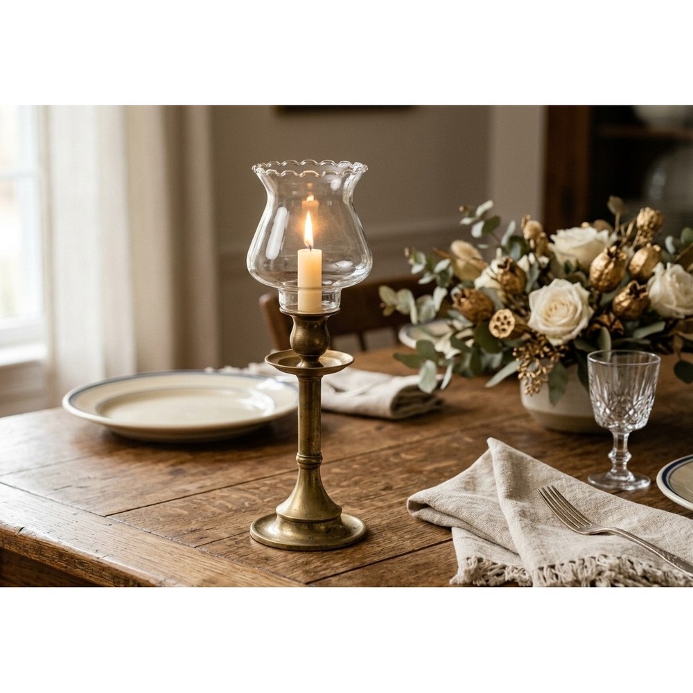 Vintage Brass & Scalloped Glass Chimney Candleholder Traditional Boho 12.5"
